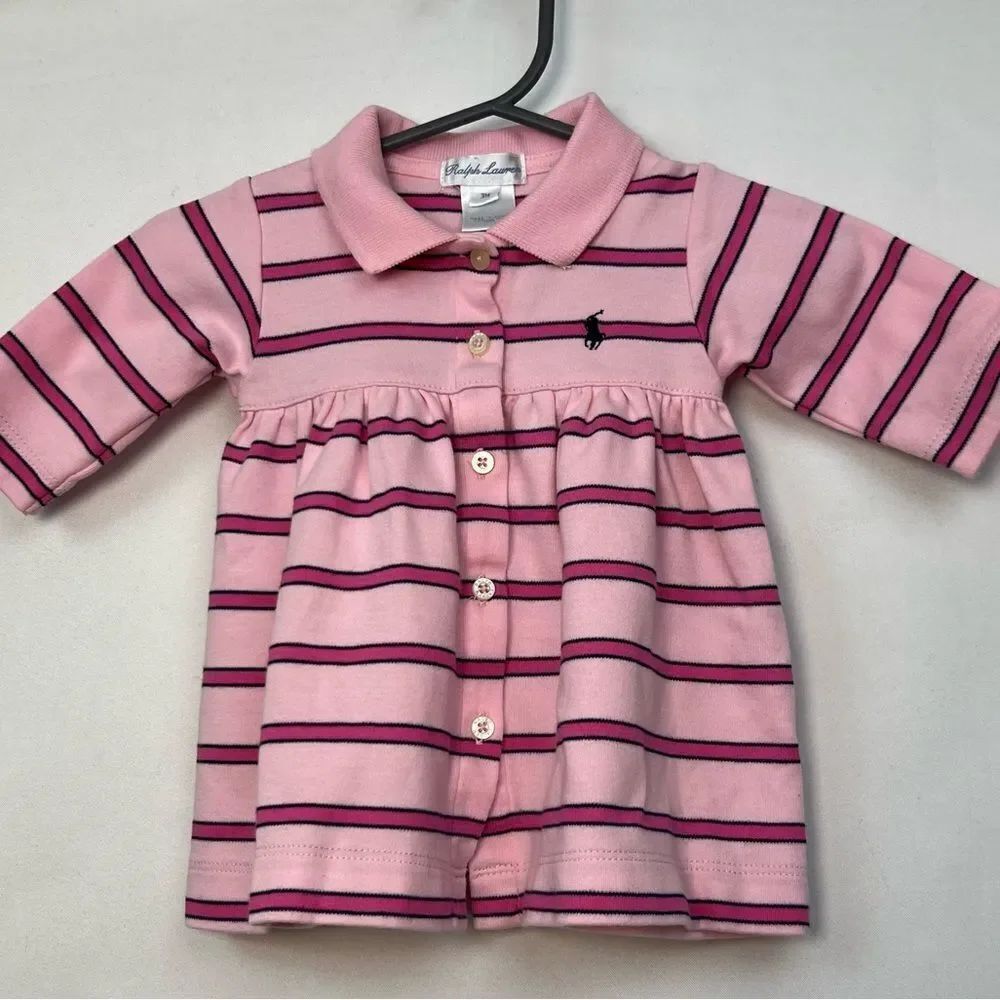 Ralph Lauren Pink striped button front dress with Diaper Cover EUC size 3 months